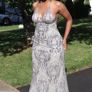 ✿ Scala Low Open Back Silver Rhinestone Spaghetti Strap Gown Size 12